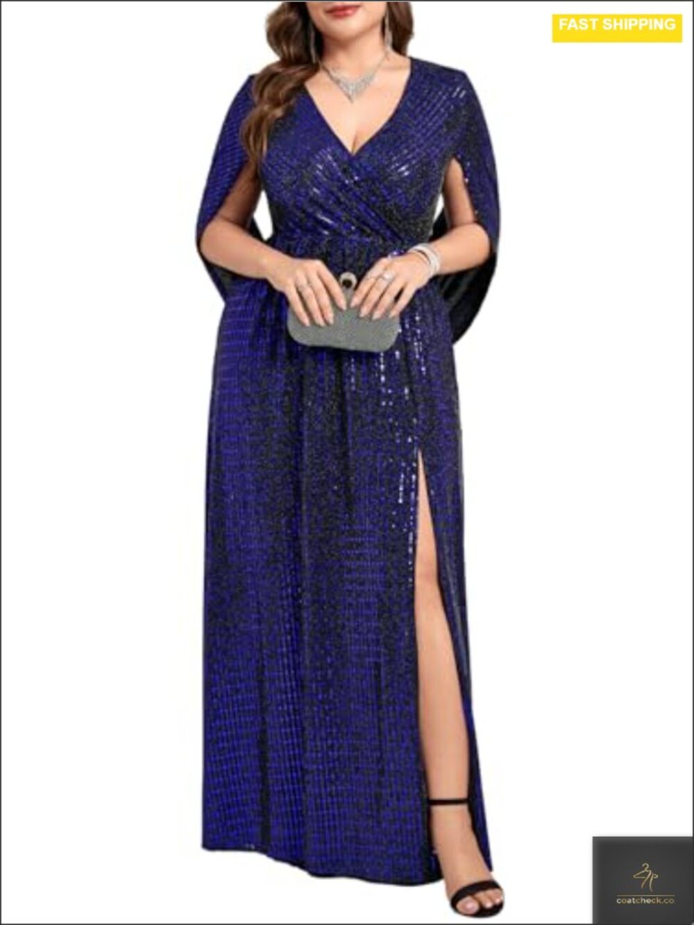Plus Size Sequined Maxi Formal Dress with Cape Sleeves